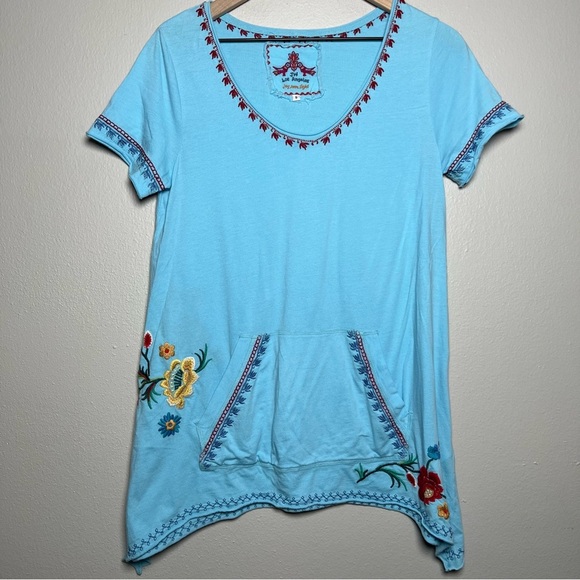 Johnny Was Women Tunic Top Small Blue Embroidered Cotton Front Pocket Hippie‎ - Picture 1 of 12